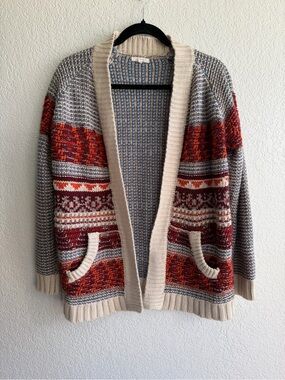 Maurices Cream, Rust & Blue Patterned Open-Front Cardigan